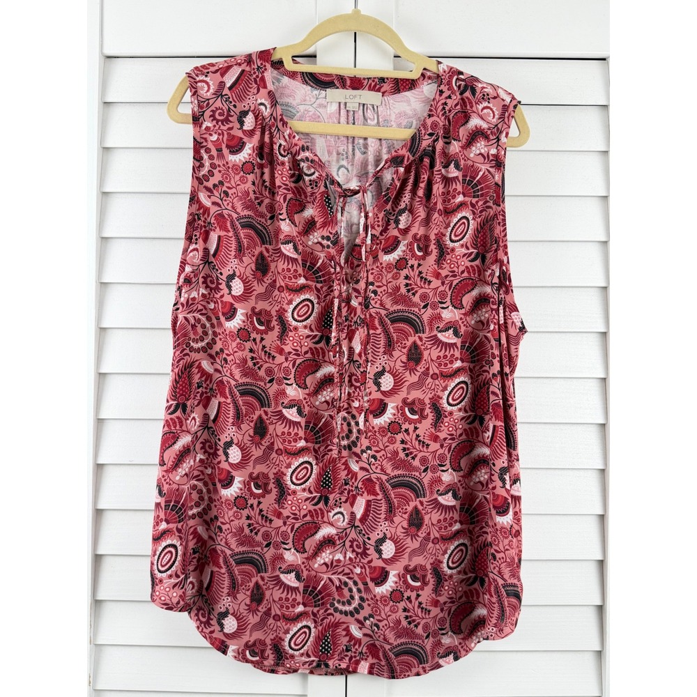 Loft Sleeveless Top Women XXL Pink Paisley Tie Neck‎ Blouse